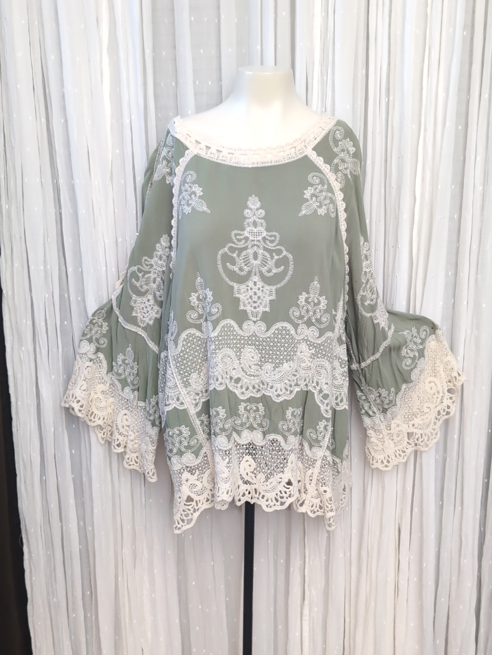 Democracy Olive Green Tunic with Cream Lace Trim